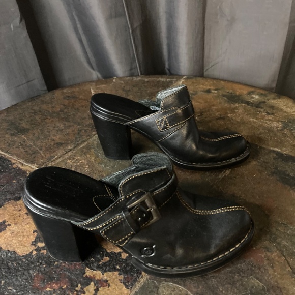 Born Black Leather Mules Stitching Heel Classic Casual Sz 6 - Picture 3 of 11
